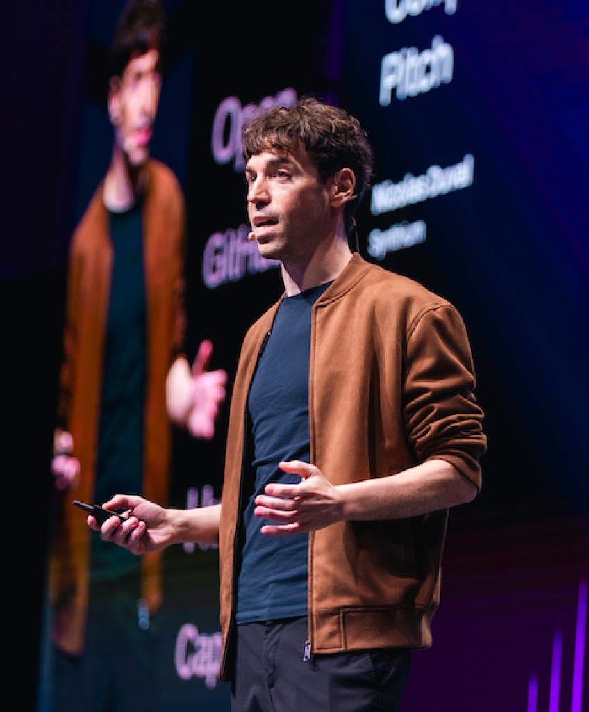 Nicolas Duval pitching Synthium as a finalist at SuperAI, Marina Bay Sands, Singapore